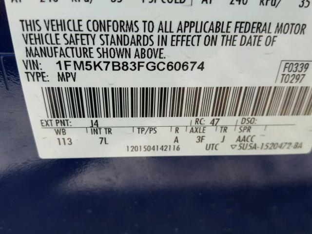 1FM5K7B83FGC60674 - 2015 FORD EXPLORER BLUE photo 10