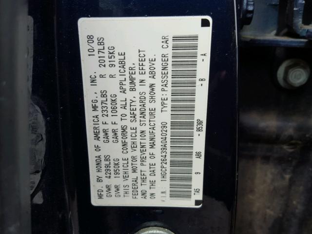 1HGCP26439A040290 - 2009 HONDA ACCORD LXP BLUE photo 10