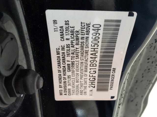 2HGFG1B94AH506940 - 2010 HONDA CIVIC EXL შავი ფოტო 10