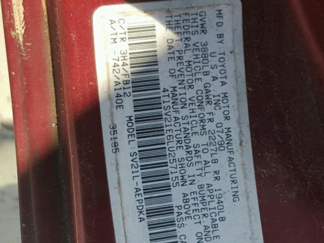 4T1SV21E6LU257155 - 1990 TOYOTA CAMRY DLX 勃艮第红 照片 10