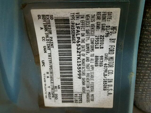 1FALP6532TK155999 - 1996 FORD CONTOUR GL 青色 照片 10