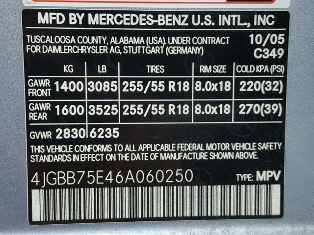 4JGBB75E46A060250 - 2006 MERCEDES-BENZ ML 500 BLUE photo 10