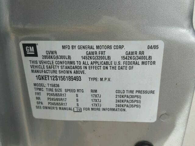 1GKET12S156189493 - 2005 GMC ENVOY SILVER photo 10