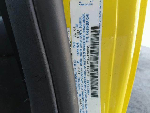 3VWCB21C32M438231 - 2002 VOLKSWAGEN NEW BEETLE 黄色 照片 10