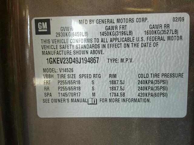 1GKEV23D49J194867 - 2009 GMC ACADIA SLT ყავისფერი ფოტო 10