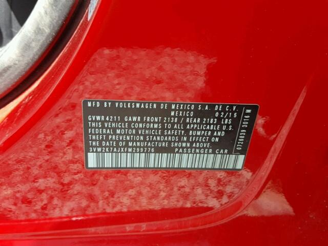 3VW2K7AJXFM299776 - 2015 VOLKSWAGEN JETTA BASE 红色 照片 10