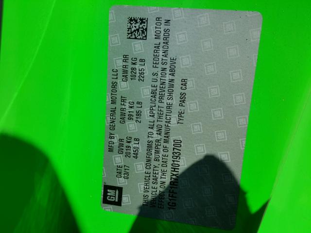 1G1FF1R7XH0193700 - 2017 CHEVROLET CAMARO SS GREEN photo 10