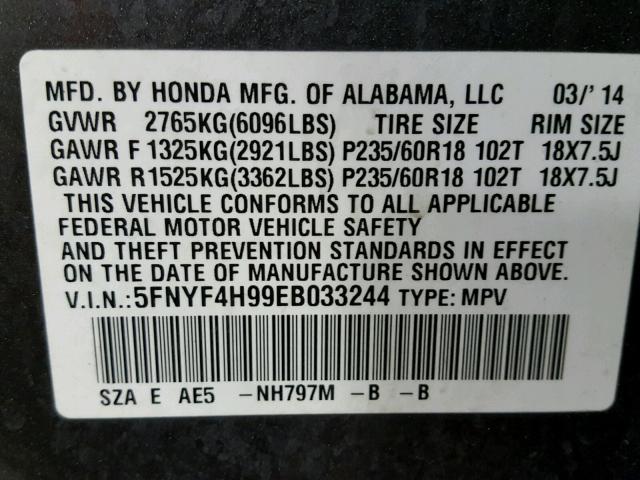 5FNYF4H99EB033244 - 2014 HONDA PILOT TOUR SILVER photo 10