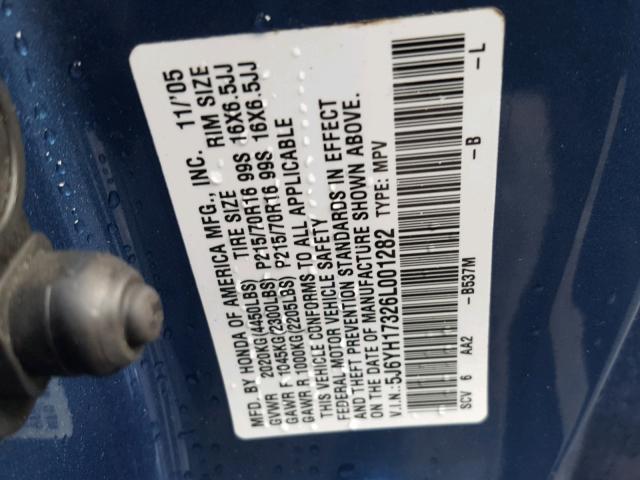 5J6YH17326L001282 - 2006 HONDA ELEMENT LX BLUE photo 10