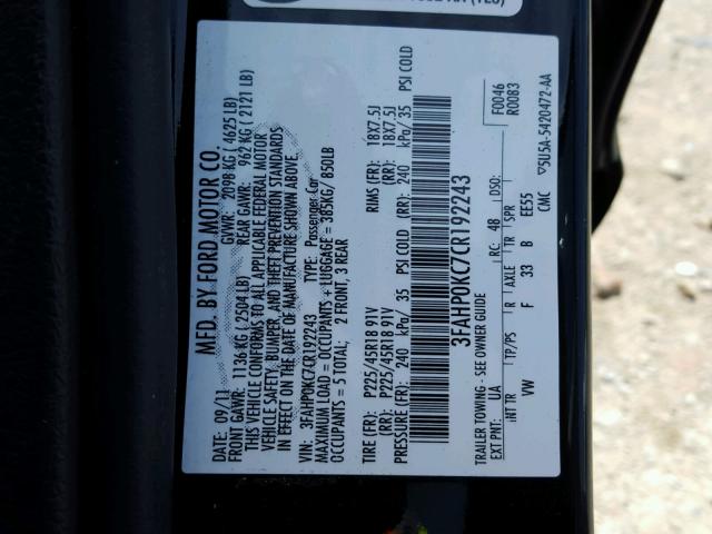 3FAHP0KC7CR192243 - 2012 FORD FUSION SPO BLACK photo 10