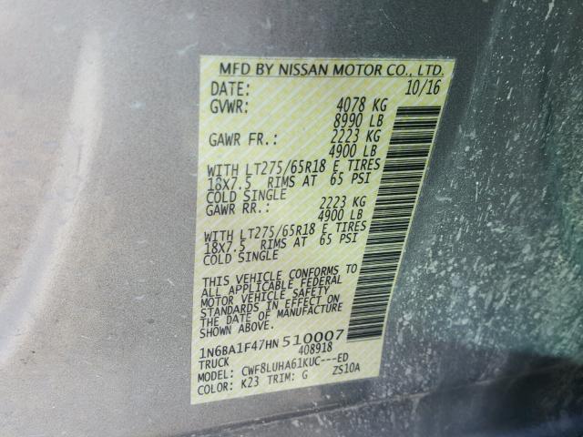 1N6BA1F47HN510007 - 2017 NISSAN TITAN XD S SILVER photo 10