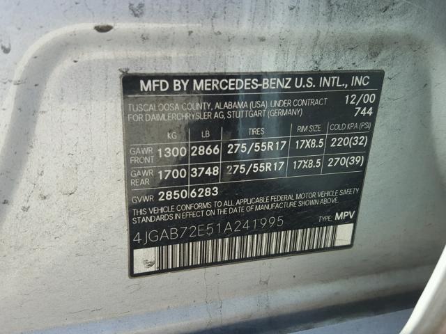 4JGAB72E51A241995 - 2001 MERCEDES-BENZ ML 430 灰色 照片 10