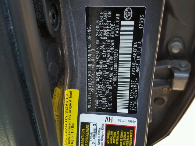 4T1BD1EBXDU003270 - 2013 TOYOTA AVALON HYB GRAY photo 10