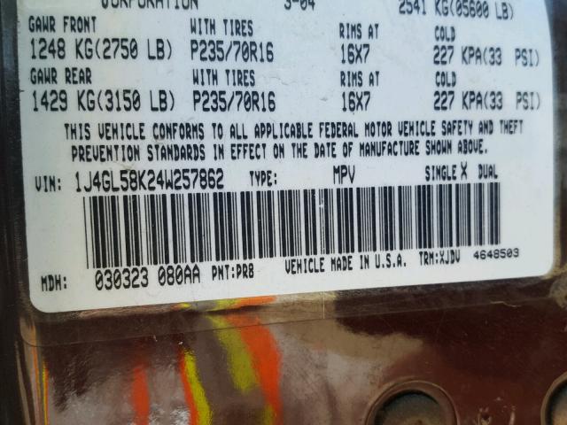 1J4GL58K24W257862 - 2004 JEEP LIBERTY LI BURGUNDY photo 10