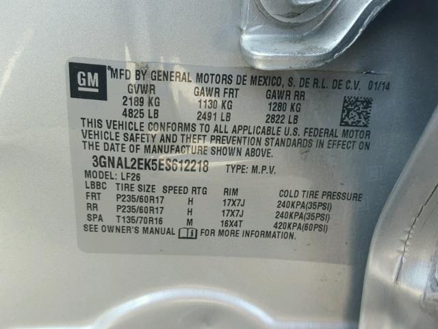 3GNAL2EK5ES612218 - 2014 CHEVROLET CAPTIVA LS 银色 照片 10