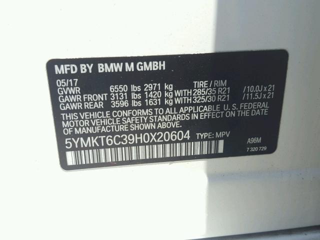 5YMKT6C39H0X20604 - 2017 BMW X5 M WHITE photo 10