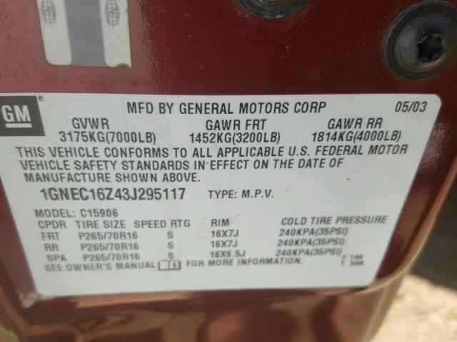 1GNEC16Z43J295117 - 2003 CHEVROLET SUBURBAN C BURGUNDY photo 10