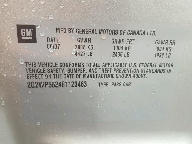 2G2WP552481123463 - 2008 PONTIAC GRAND PRIX SILVER photo 10