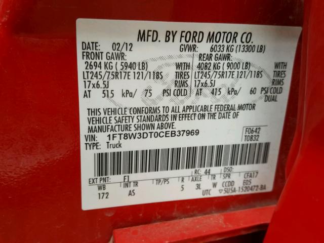 1FT8W3DT0CEB37969 - 2012 FORD F350 SUPER RED photo 10