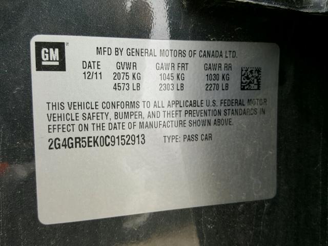 2G4GR5EK0C9152913 - 2012 BUICK REGAL CHARCOAL photo 10