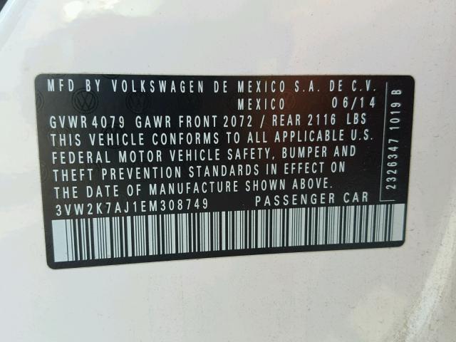 3VW2K7AJ1EM308749 - 2014 VOLKSWAGEN JETTA BASE 白色 照片 10