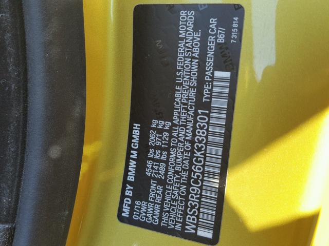 WBS3R9C56GK338301 - 2016 BMW M4 YELLOW photo 10