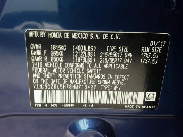 3CZRU5H78HM715427 - 2017 HONDA HR-V EXL BLUE photo 10