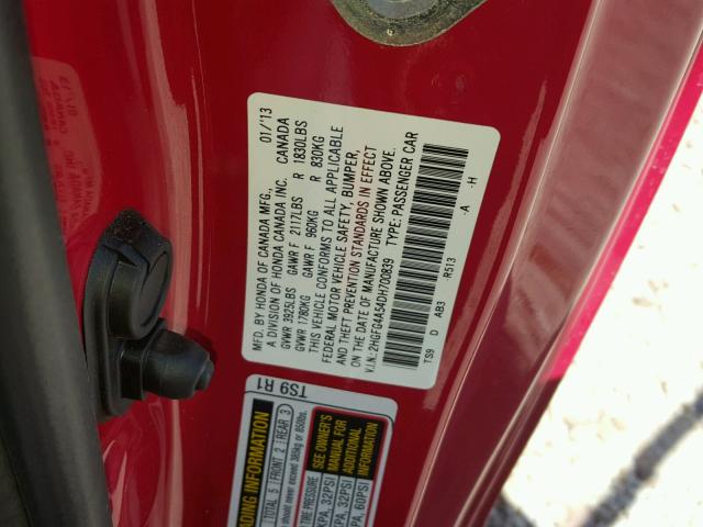 2HGFG4A54DH700839 - 2013 HONDA CIVIC SI RED photo 10