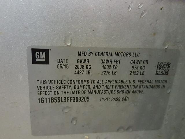 1G11B5SL3FF309205 - 2015 CHEVROLET MALIBU LS ვერცხლისფერი ფოტო 10