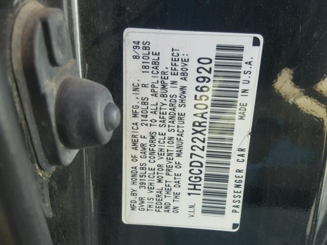 1HGCD722XRA056920 - 1994 HONDA ACCORD DX BLACK photo 10