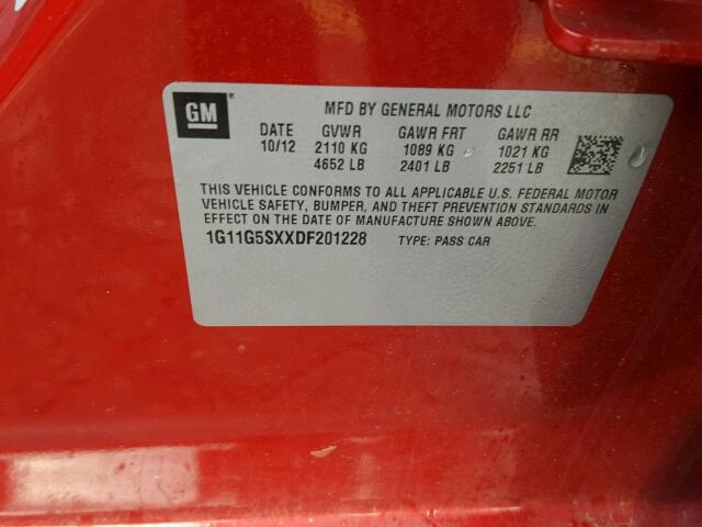 1G11G5SXXDF201228 - 2013 CHEVROLET MALIBU 3LT წითელი ფოტო 10