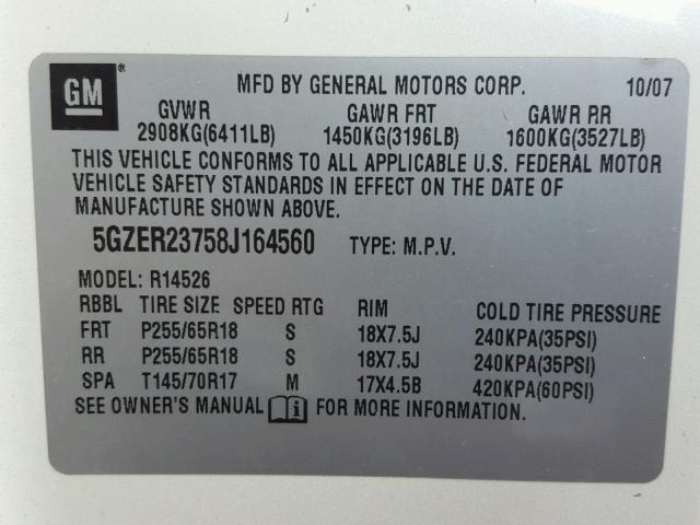 5GZER23758J164560 - 2008 SATURN OUTLOOK XR კრემისფერი ფოტო 10