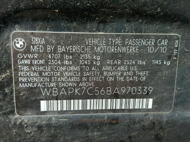 WBAPK7C56BA970339 - 2011 BMW 328 BLACK photo 10