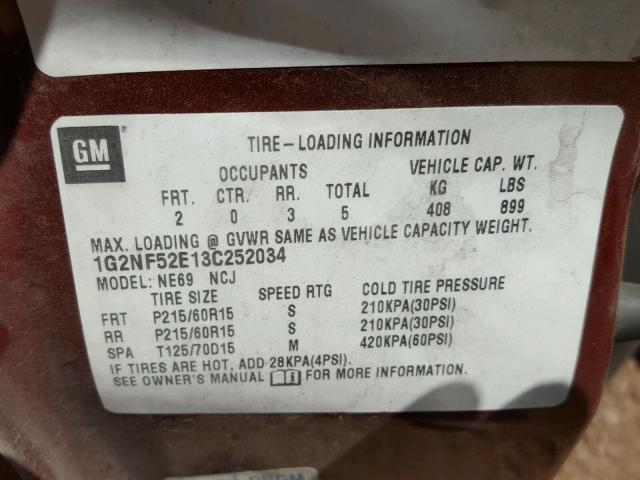 1G2NF52E13C252034 - 2003 PONTIAC GRAND AM S MAROON photo 10