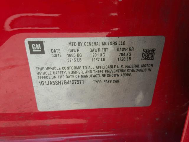 1G1JA5SH7G4157571 - 2016 CHEVROLET SONIC LS 红色 照片 10