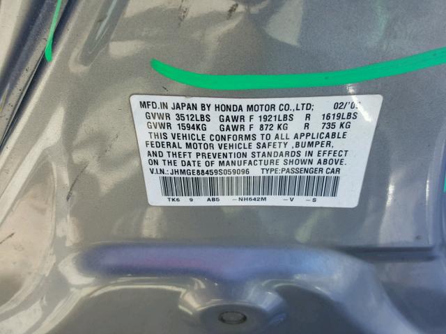 JHMGE88459S059096 - 2009 HONDA FIT SPORT SILVER photo 10