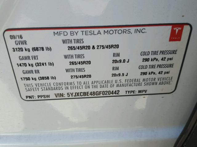 5YJXCBE48GF020442 - 2016 TESLA MODEL X WHITE photo 10