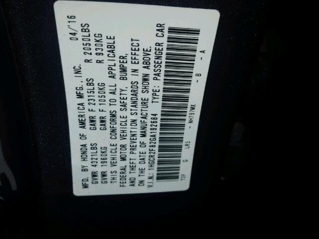 1HGCR2F82GA192684 - 2016 HONDA ACCORD EXL GRAY photo 10