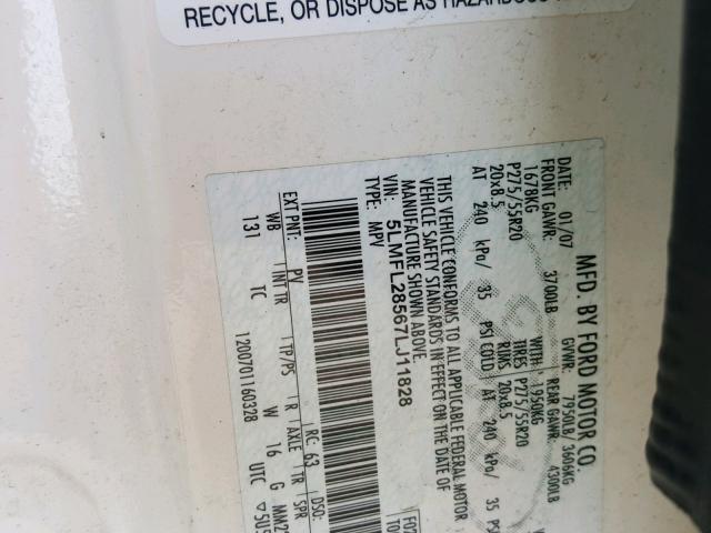 5LMFL28567LJ11828 - 2007 LINCOLN NAVIGATOR WHITE photo 10