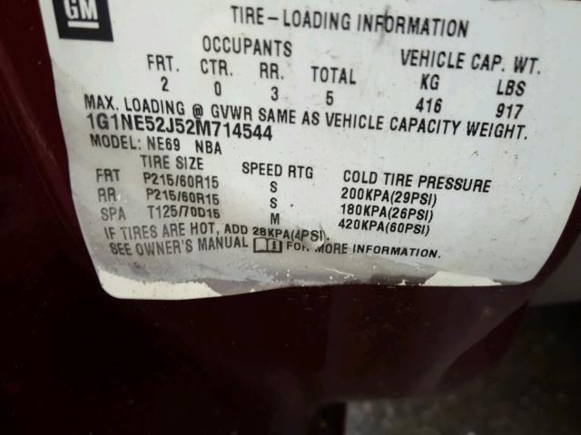 1G1NE52J52M714544 - 2002 CHEVROLET MALIBU LS BURGUNDY photo 10