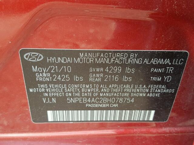 5NPEB4AC2BH078754 - 2011 HYUNDAI SONATA GLS RED photo 10