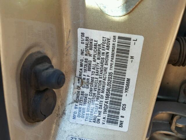 1HGFA16858L052035 - 2008 HONDA CIVIC GOLD photo 10