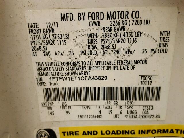 1FTFW1ET1CFA43829 - 2012 FORD F150 SUPER WHITE photo 10