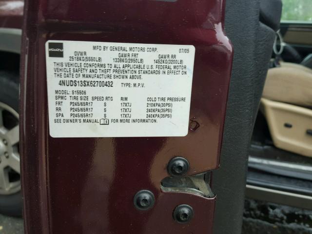 4NUDS13SX62700432 - 2006 ISUZU ASCENDER S 勃艮第红 照片 10