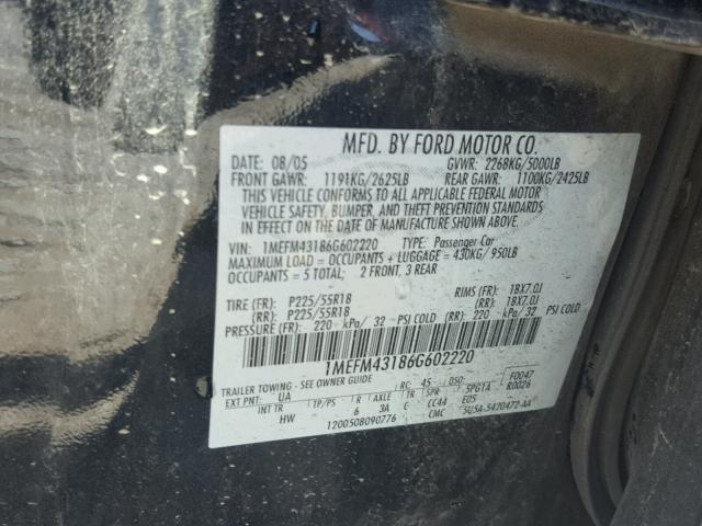 1MEFM43186G602220 - 2006 MERCURY MONTEGO PR 黑色 照片 10