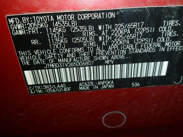 JTMBD31V265006807 - 2006 TOYOTA RAV4 LIMIT RED photo 10