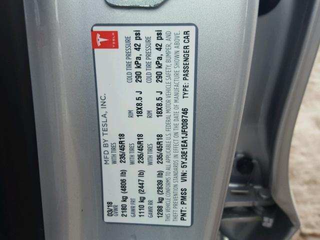 5YJ3E1EA1JF008746 - 2018 TESLA MODEL 3 ვერცხლისფერი ფოტო 10