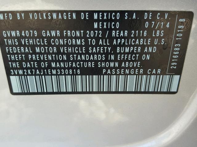 3VW2K7AJ1EM330816 - 2014 VOLKSWAGEN JETTA BASE 银色 照片 10