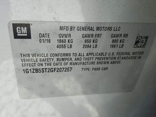 1G1ZB5ST2GF207267 - 2016 CHEVROLET MALIBU LS 灰色 照片 10