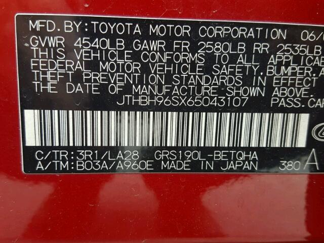 JTHBH96SX65043107 - 2006 LEXUS GS GENERAT RED photo 10